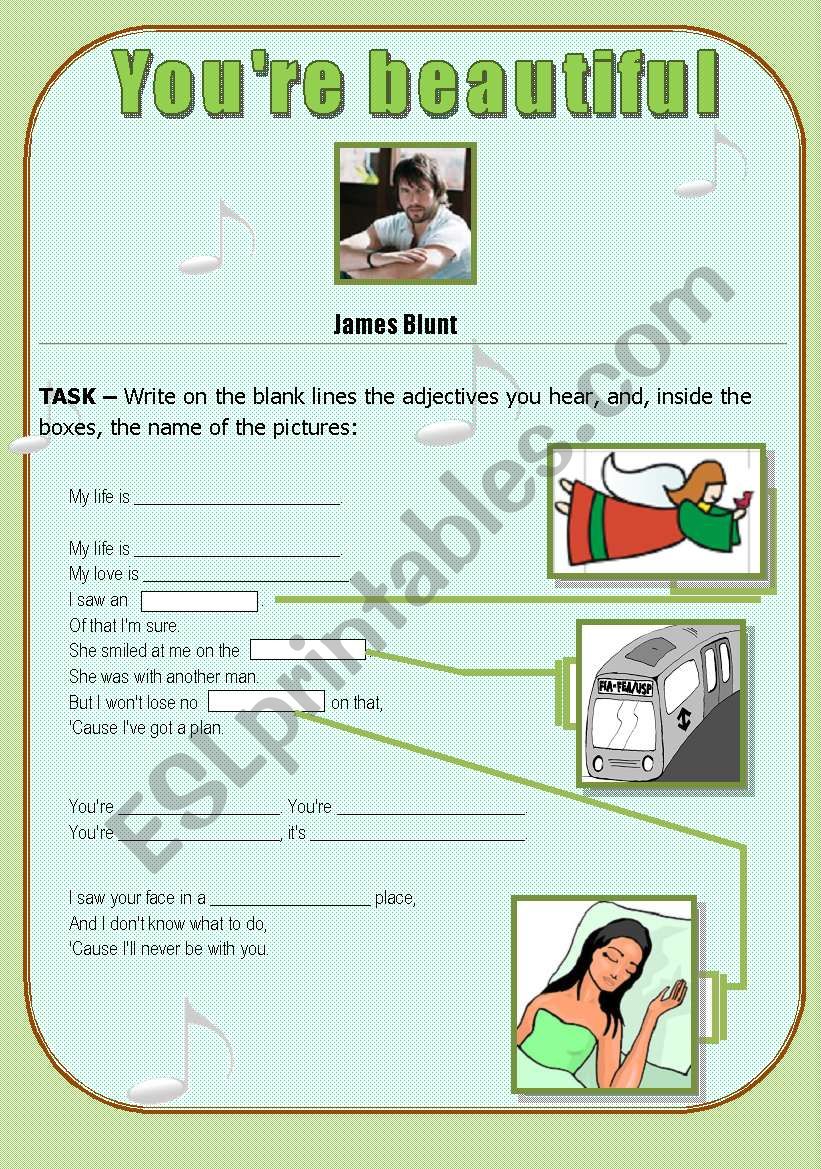 SONG ACTIVITY - Youre Beautiful (James Blunt) [2 pages - fully editable]